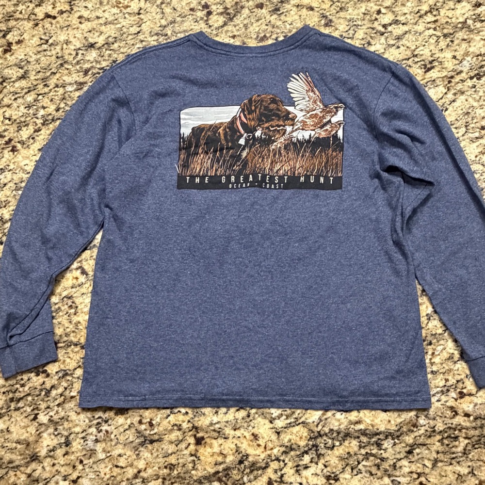 Ocean Coast Boy Blue Long Sleeve The Greatest Hunt Dog Bird Graphic Tee L